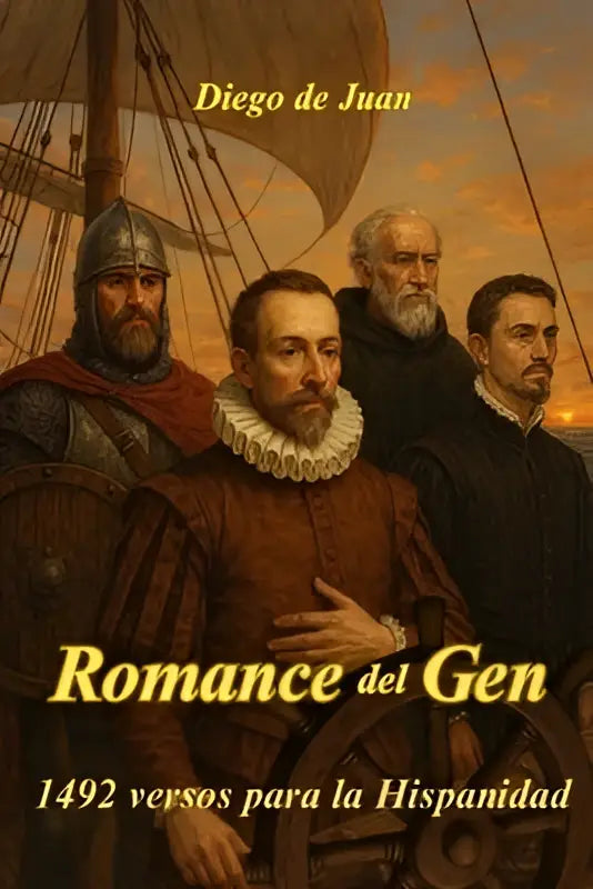 De cover van het boek romance del gen door diego de juan toont een historische schildering met vier mannen bij zonsondergang