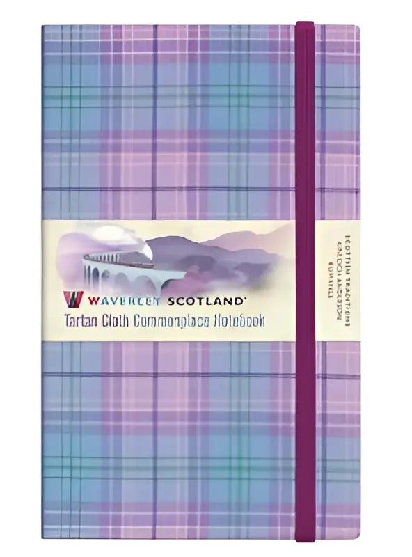 Purple and blue plaid 13cm waverley notebook with magenta elastic band featuring waveley scotland tartan cloth design