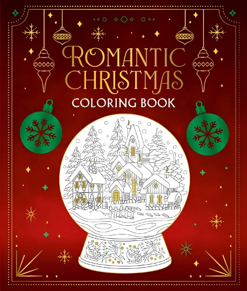 Romantic christmas coloring book met een sneeuwbolontwerp van een winters dorp en groene ornamenten op rode achtergrond