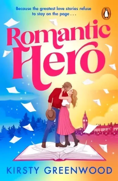 Romantic hero paperback met levendige roze en gele kaft en een geïllustreerd paar dat omarmt op een gigantisch open boek