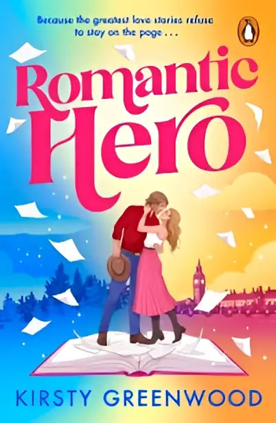 Romantic hero paperback met een levendige roze en gele omslag met een illustratie van een koppel op een groot open boek
