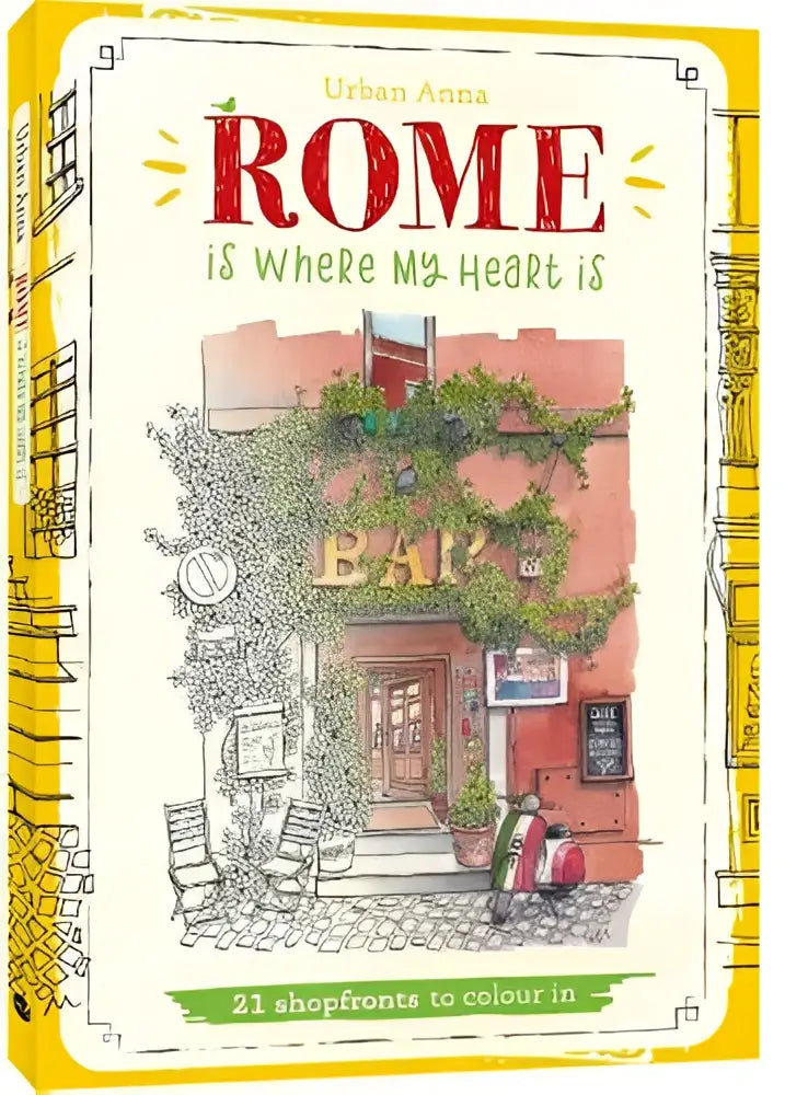 Een charmant geïllustreerd kleurboek rome is where my heart is met rode en groene gevels voor shopfronts to colour