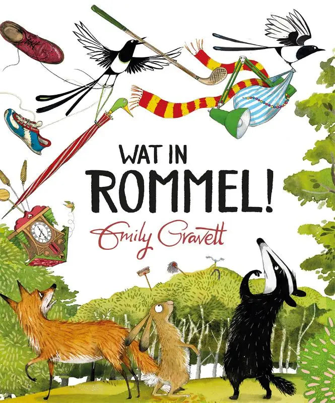 De boekomslag van wat in rommel door emily gravett toont cartoon vos en dass in een buitenscène voor jonge lezers
