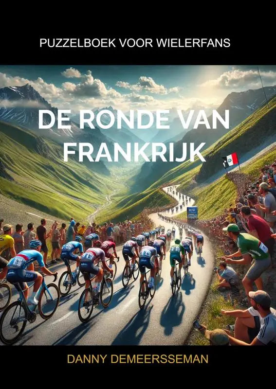 De ronde van frankrijk puzzelboek toont kleurrijke wielrenners op een bergweg onder een heldere lucht