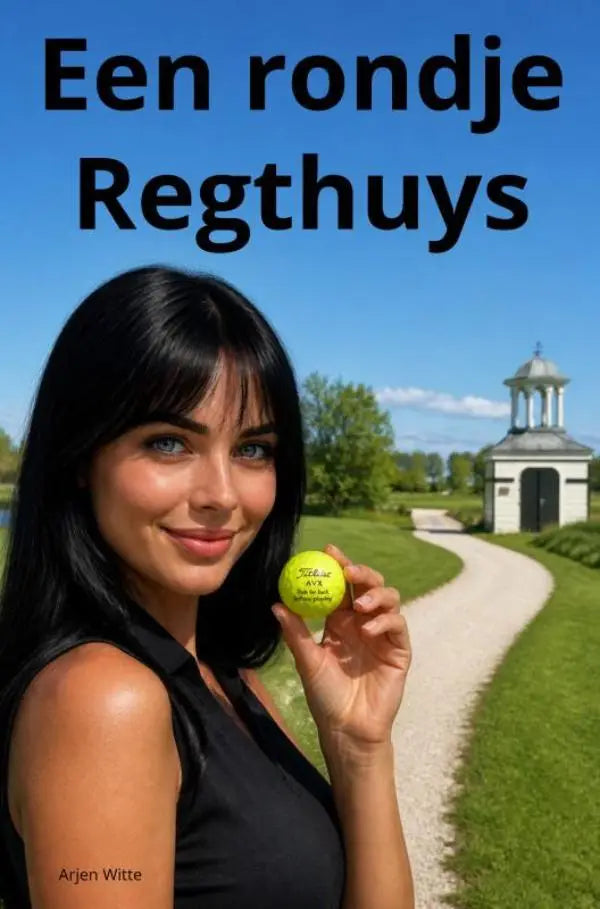 Een rondje regthuys met een heldere gele Titleist golfbal met zwarte tekst en subtiele textuur