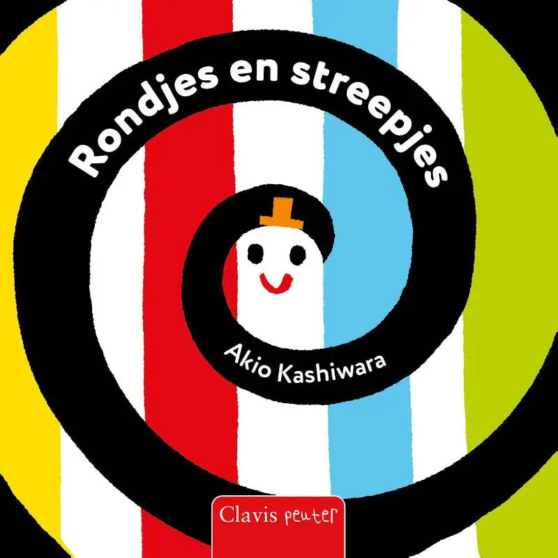 Een vrolijk wit cartoonfiguur met oranje kroon in concentrische cirkels op de boekcover van jonge lezers