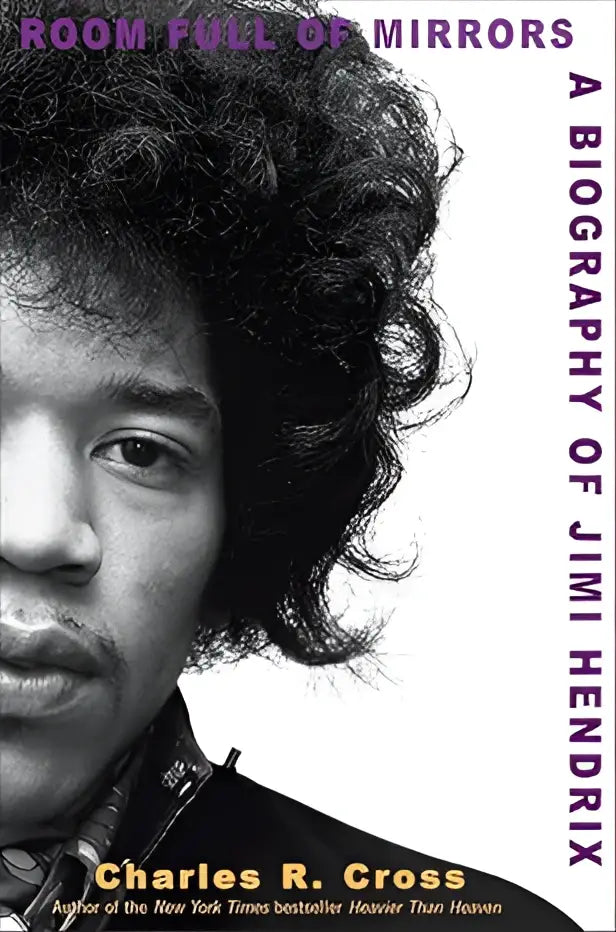 Zwart-witte boekcover met portret van jimi hendrix en titel room full of mirrors een biografie van charles r