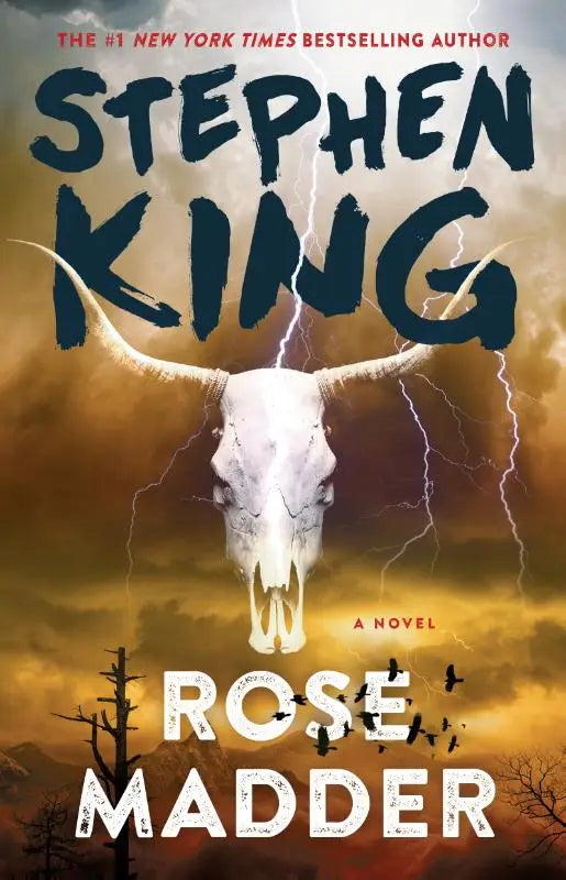 De omslag van rose madder - a novel toont een witte longhorn schedel met dramatische stormlucht op de achtergrond