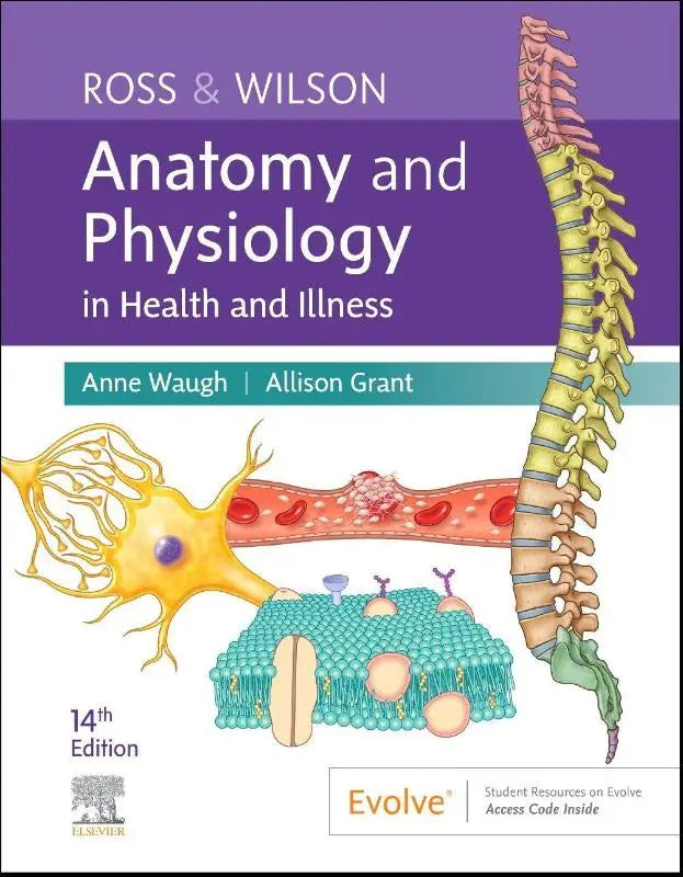 De cover van de 14e editie van ross & wilson anatomy and physiology in health and illness met een paarse achtergrond en illustraties voor studenten anatomy and physiology