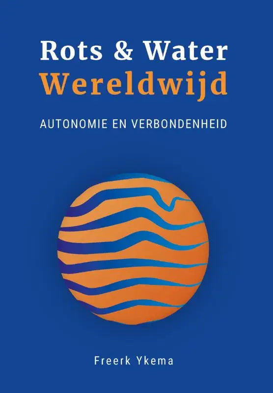 Blauw en oranje golvende gestreepte cirkel grafisch ontwerp op effen blauwe achtergrond voor rots en water wereldwijd autonomie en verbondenheid
