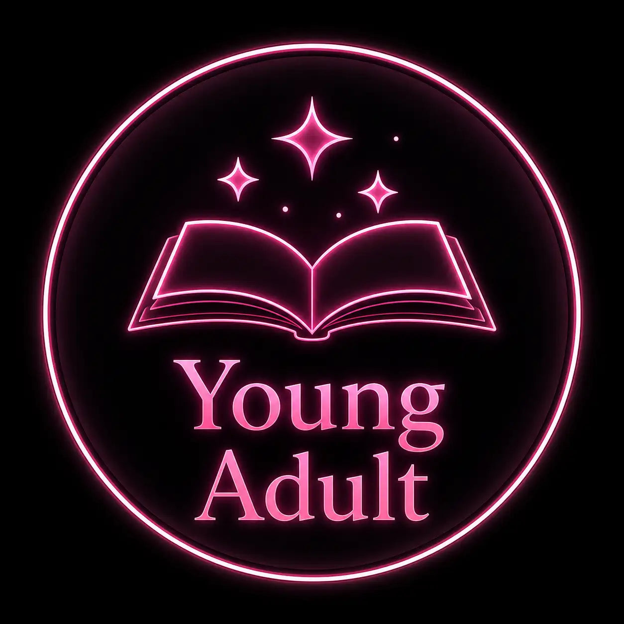 Roze neon cirkelvormig logo met een open boek met sterren erboven en de tekst ‘young adult’ eronder.