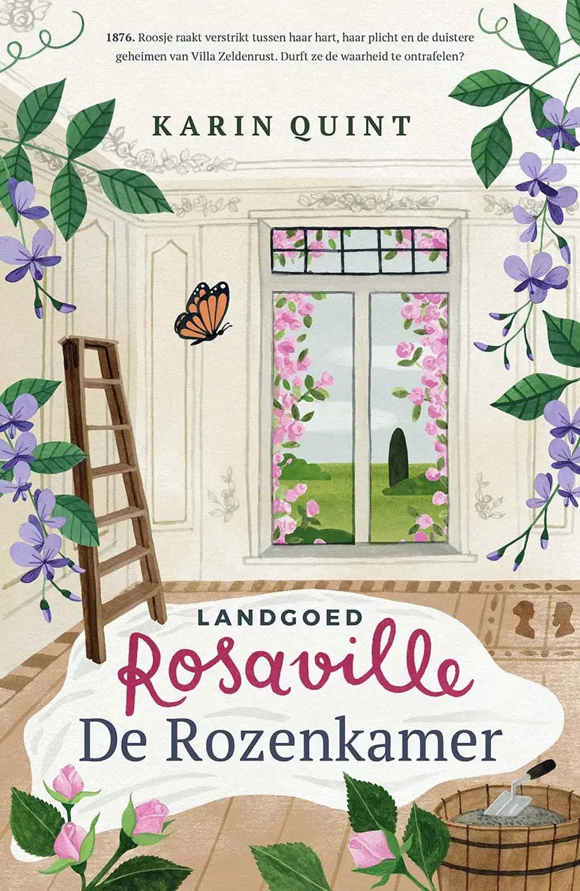 De rozenkamer literaire roman van karin quint toont een elegante ivoorkleurige villa met paarse en roze blauweregen, uitgever luitingh sijthoff