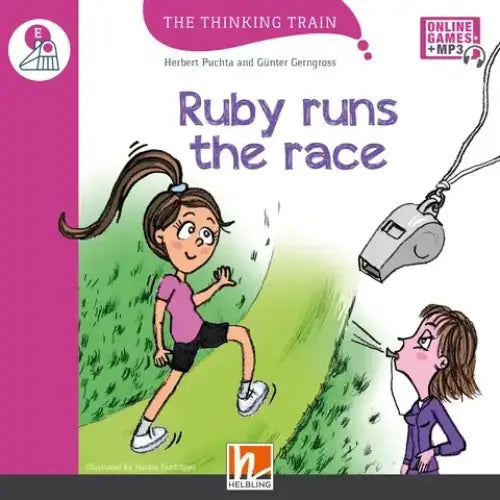 Ruby Runs the Race kinderboek: cartoon meisje in roze rent op gras, fluitblazer