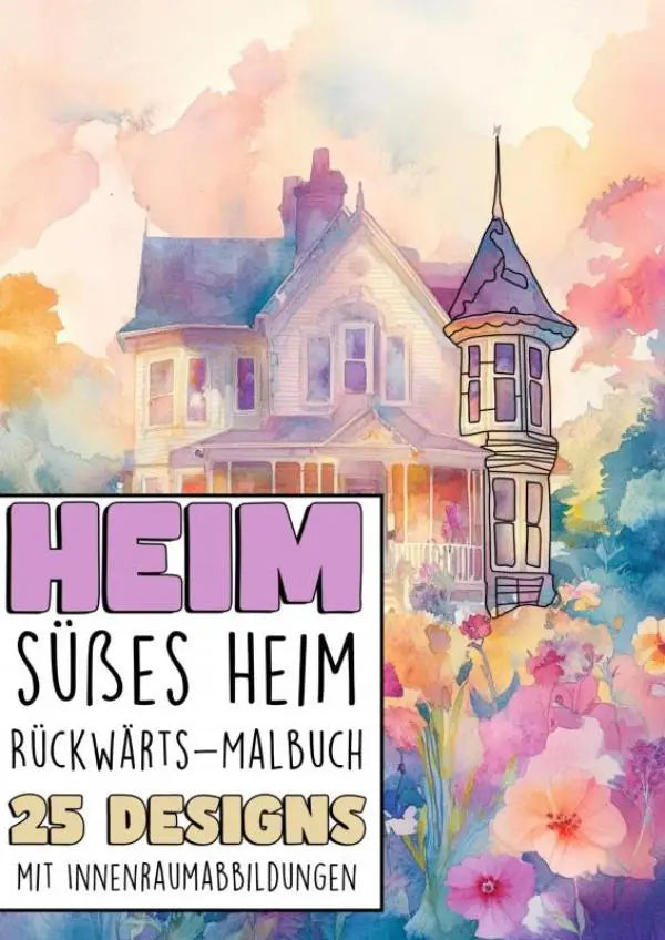 Aquarelillustratie van een charmant victoriaans huis met torentje en veranda in rückwärts malbuch designs mit innerraumabbildungen