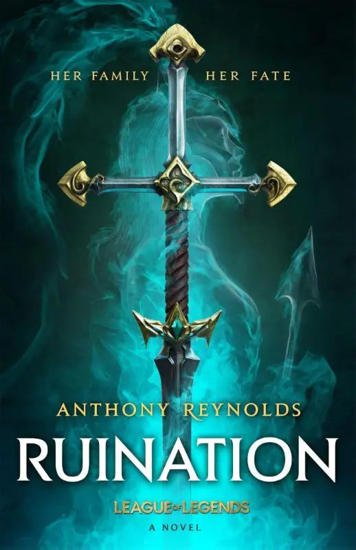 A fantasy sword with dark textured grip and ornate golden crossguard featured in ruination legends novel against teal mist