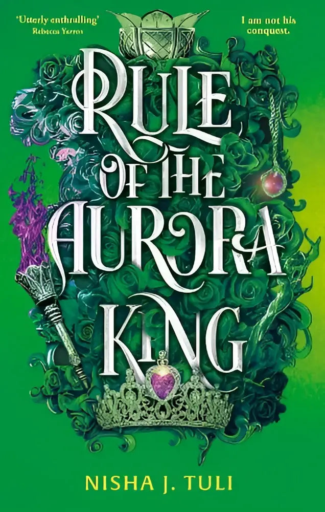 The book cover for rule of the aurora king by nisha j featuring the seductive enemies to lovers fantasy romance theme