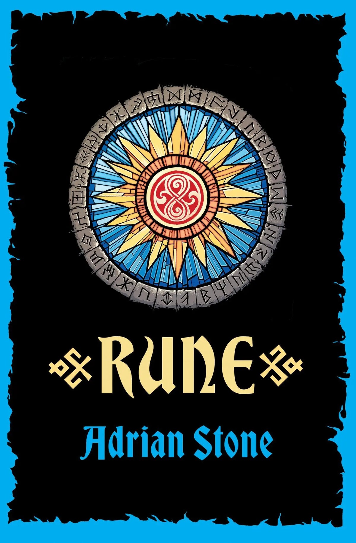 De boekcover van rune tweeluik van adrian stone toont een kleurrijk rond glas in lood ontwerp met een zonnestraal in geel en blauw omringd door runen uitgegeven door luitingh sijthoff