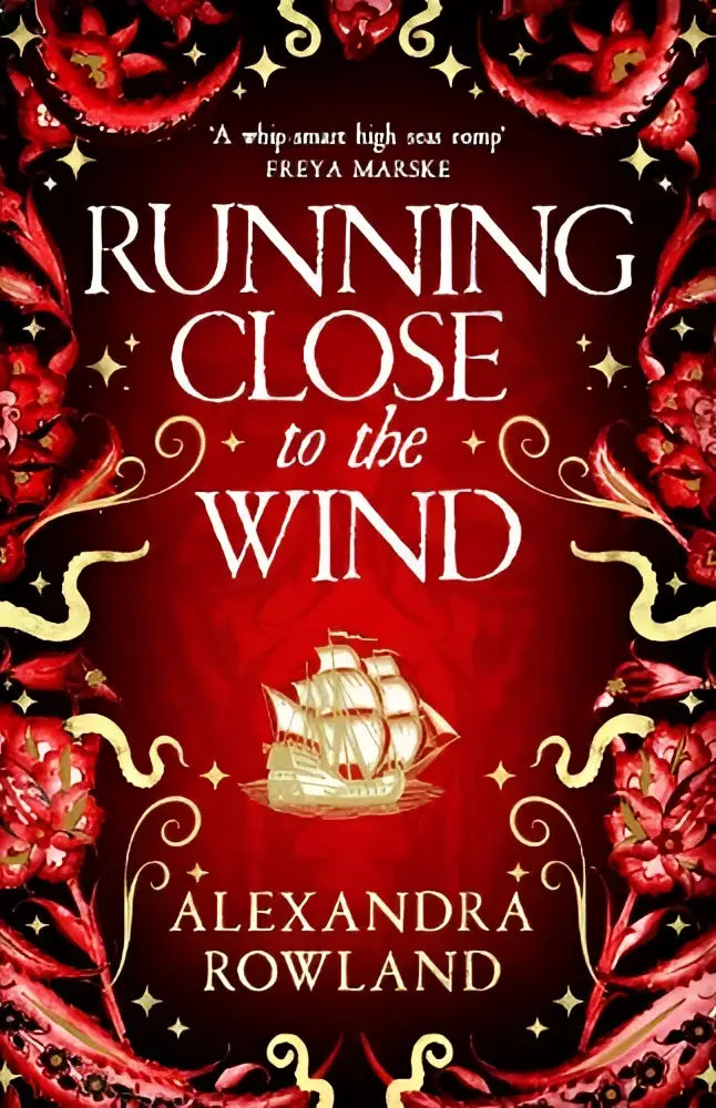 Rode boekomslag van running close to the wind met gouden getrimde zeilschipillustratie en bloemmotieven