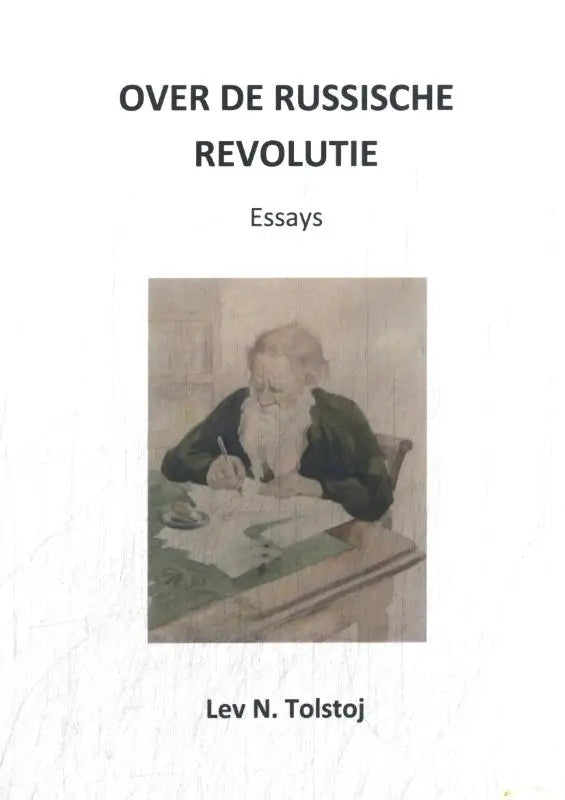 De boekcover van over de russische revolutie essays toont een sepia illustratie van een oude man schrijvend aan een bureau
