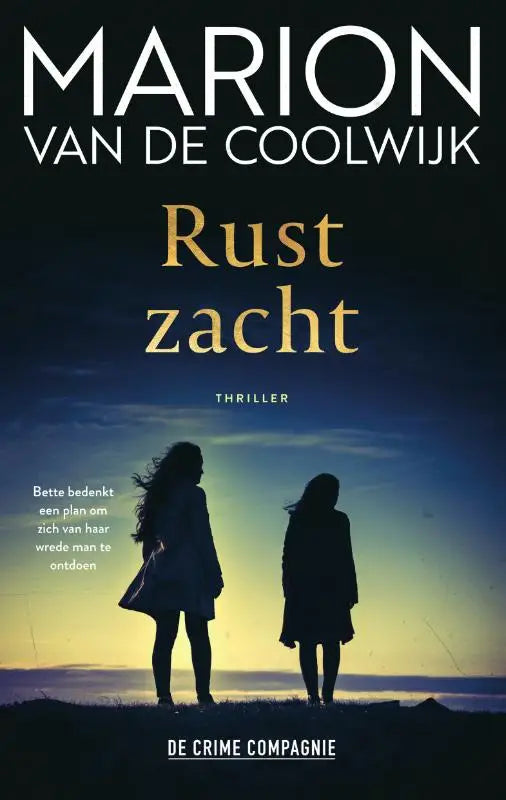 The book cover of rust zacht by marion van de coolwijk shows gold lettering on a dark blue sky with silhouettes of two women