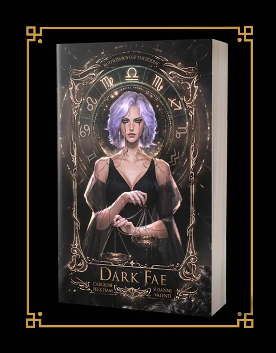 Dark fae boek ruthess boys 1 met zwarte kaft, vrouw met lavendelhaar en zodiac symbolen in goud omlijsting