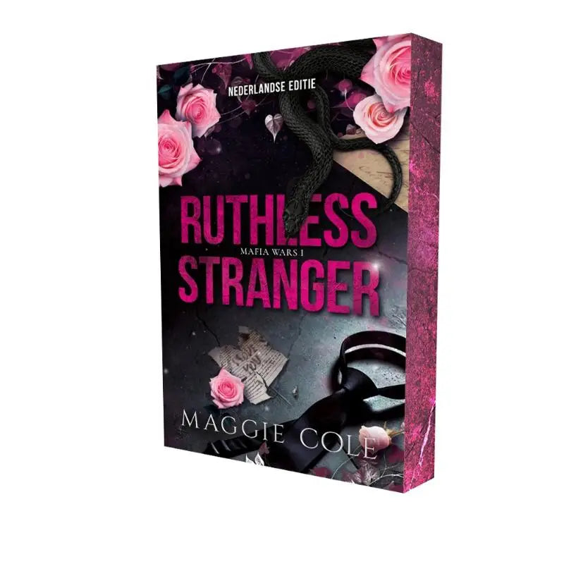 Pink and black hardcover book ruthless stranger by maggie cole featuring roses and snake from mafia wars series