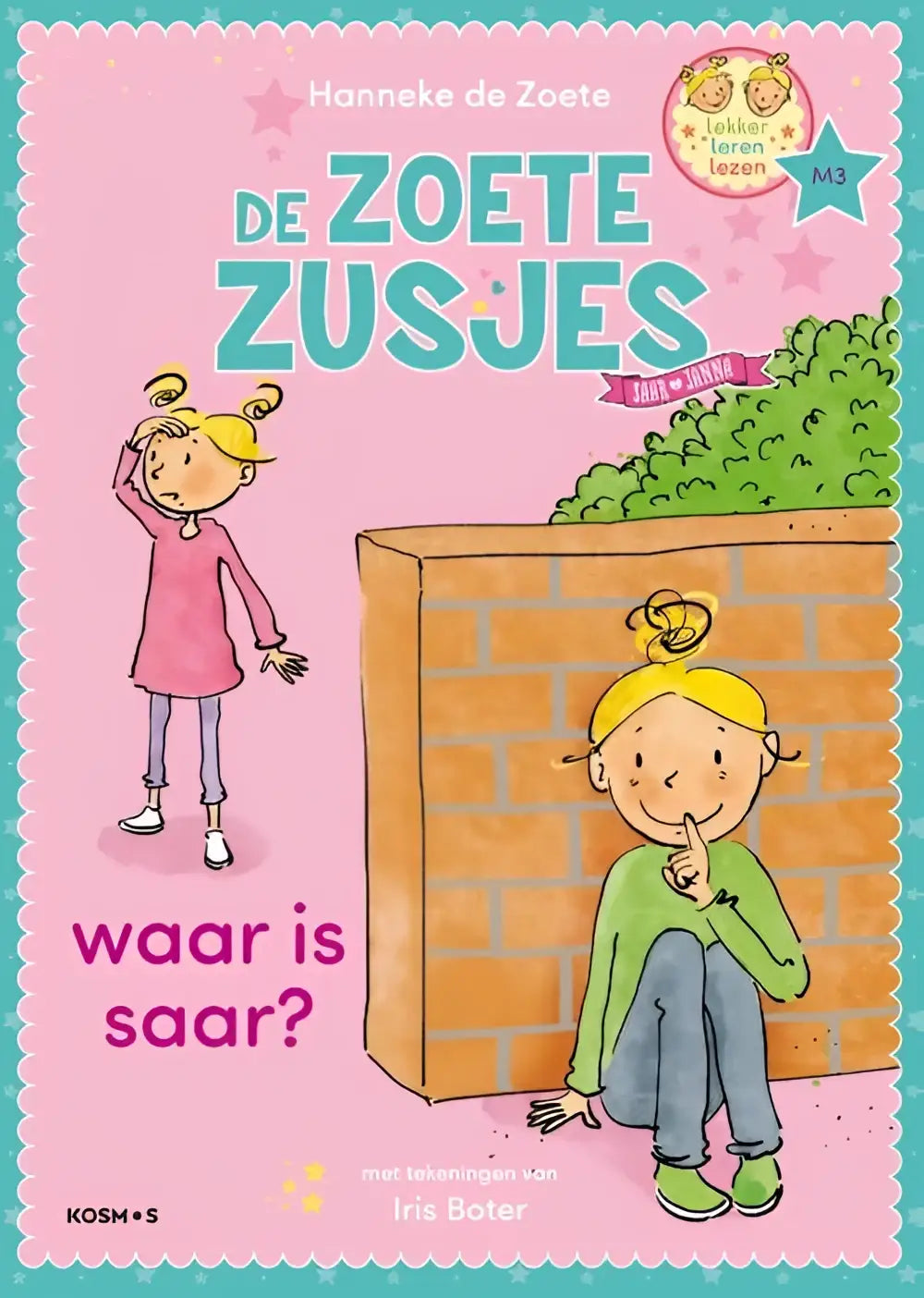 Pink en teal geïllustreerde kinderboekenkaft van de serie leren lezen waar is saar met twee blonde zusjes