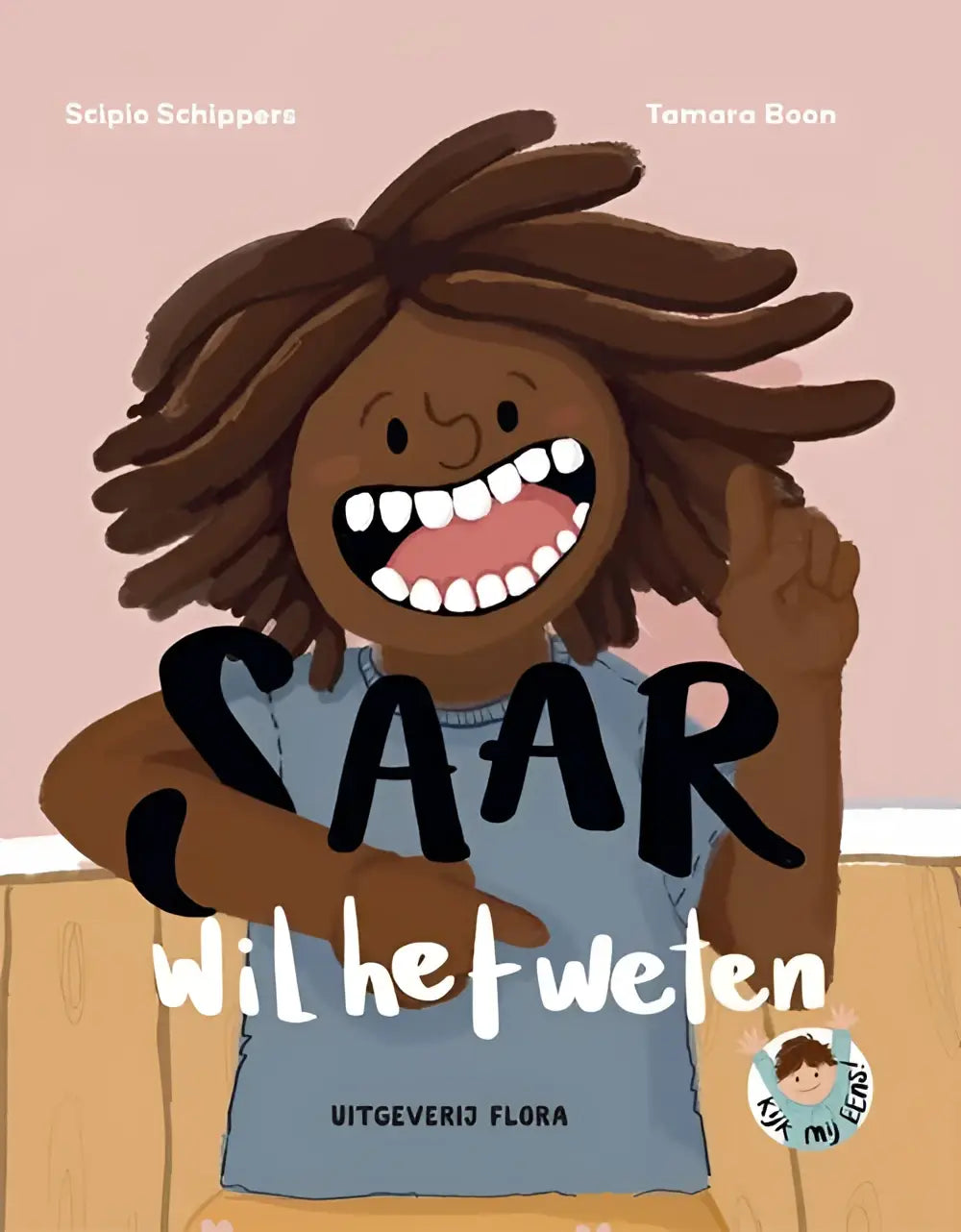 A cheerful cartoon child with brown dreadlocks wearing a light blue top in the nederlandstalig hardback saar wil by Scipio Schippers