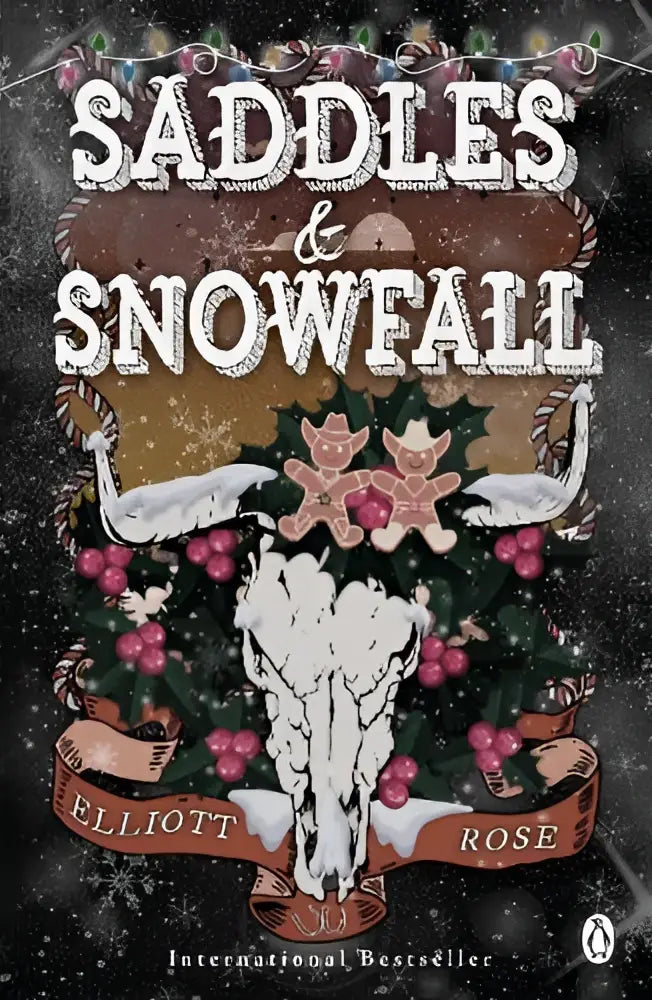 De boekomslag voor saddles and snowfall heeft een rustieke illustratie met feestelijke hulst en bessen op een donkere achtergrond