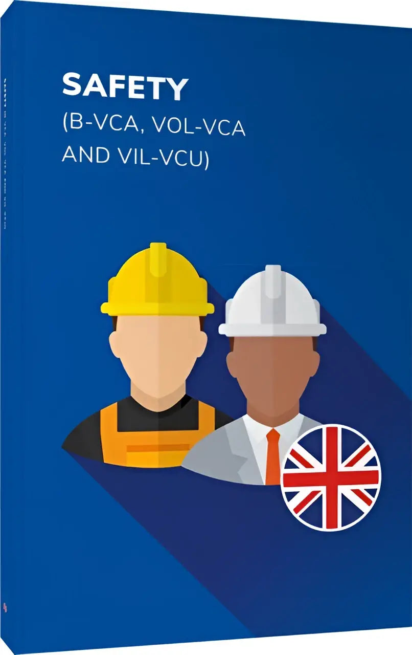 Blauw hardcover boek safety met veiligheidsthema en illustratie van twee bouwvakkers met helmen en hesje