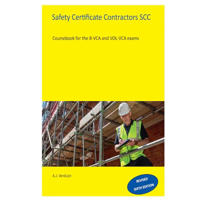 Gele cursus safety certificate contractors scc met foto van bouwvakker op steiger voor b-vca en vol-vca examen