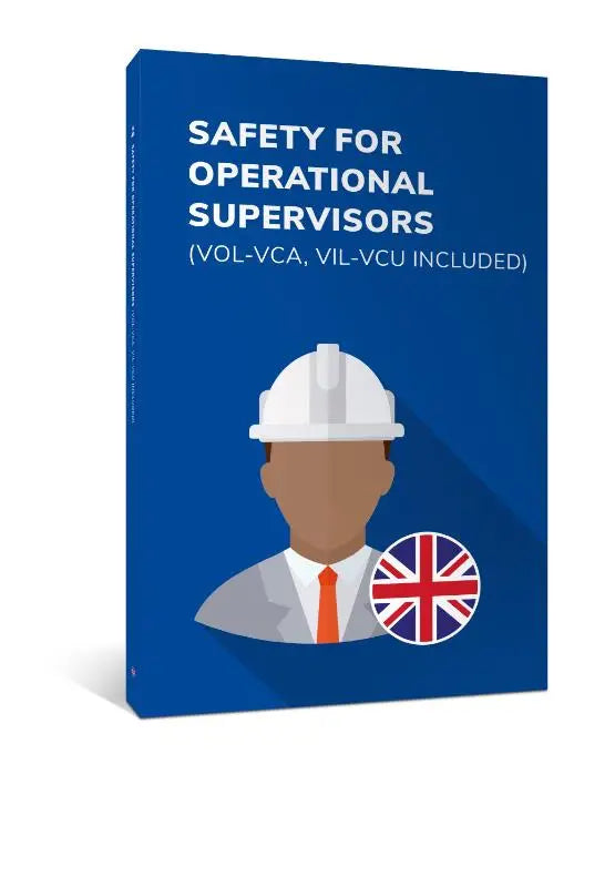 Blauw hardcover boek safety for operational supervisors met witte helmfiguur en union jack-embleem op de omslag