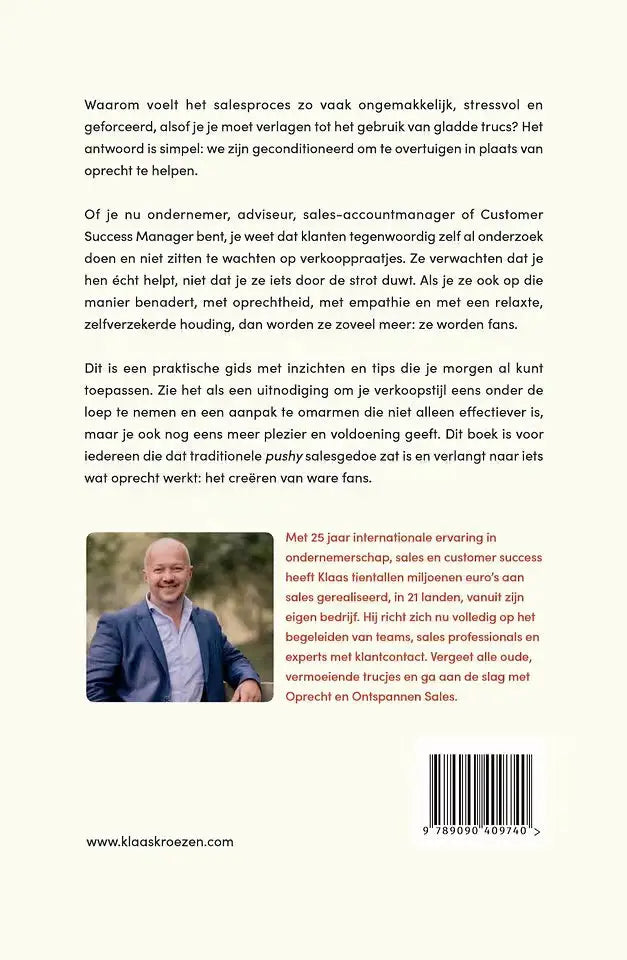 De achterkant van het nederlandstalige boek oprecht en ontspannen sales door klaas kroesen over customer success managers