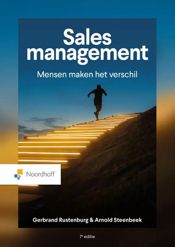 Blauw omslag sales management boek met silhouet van persoon die op verlichte trappen rent door arnold steenbeek en gerbrand rustenburg