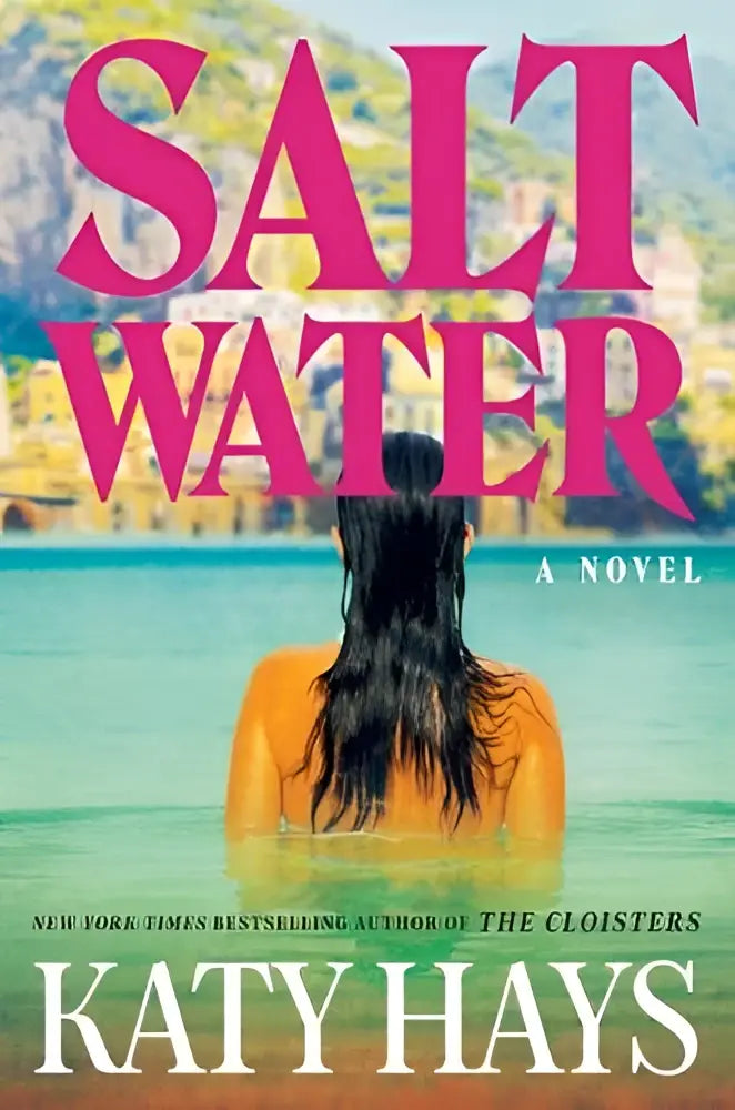 Boekcover met roze tekst van de roman saltwater van auteur katy hays
