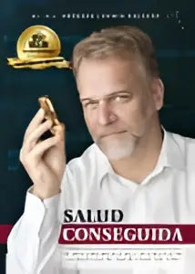Een man in wit overhemd houdt een gouden telefoon vast met de tekst salud conseguida het belangrijkste medische ontdekking van de afgelopen 100 jaar