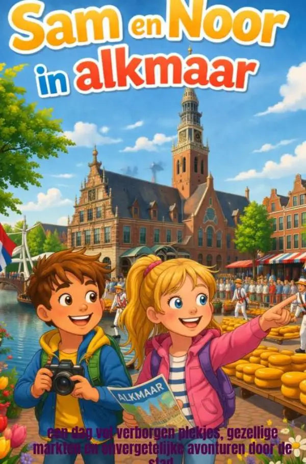 Vibrante kinderboekencover van sam en noor in alkmaar met kleurrijke illustraties van verborgen plekjes en gezellige markten