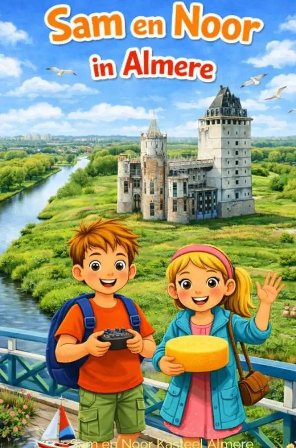 Een cartoon jongen met oranje haar en blauwe rugzak houdt een zwarte gamecontroller naast meisje met roze hoofdband noor kasteel almere jonge lezers