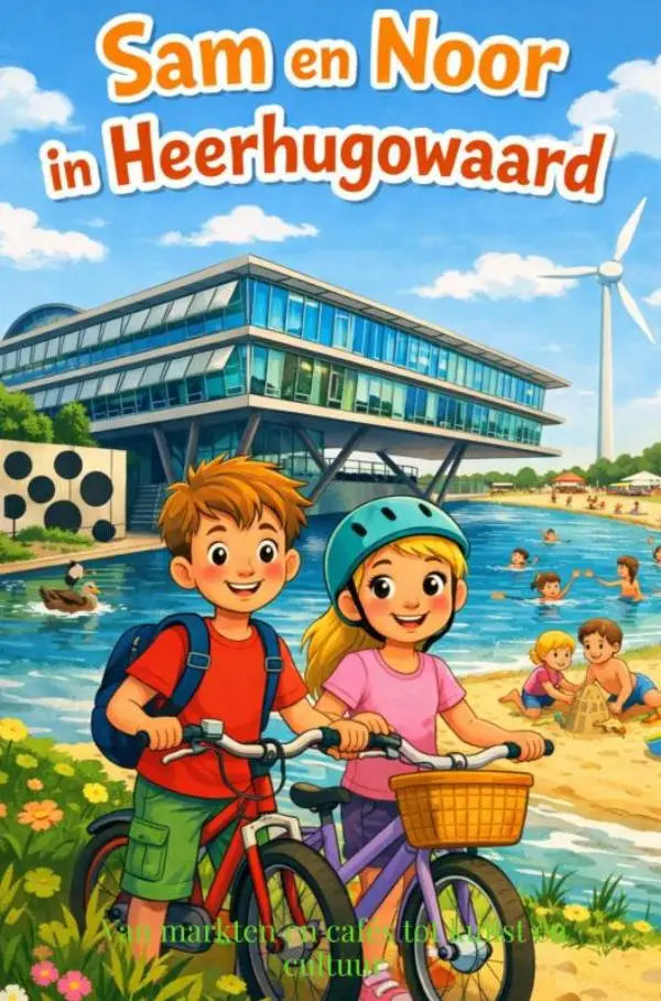 De kleurrijke voorkant van het kinderboek sam en noor in heerhugowaard toont twee cartoon kinderen op fietsen bij strand en modern gebouw voor jonge lezers