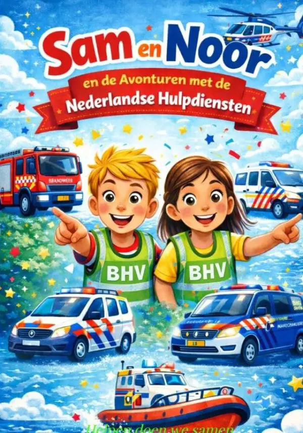 De cover van sam en noor hulpdiensthelden toont twee cartoon kinderen in groene bhv vesten met nederlandse hulpvoertuigen voor jonge lezers