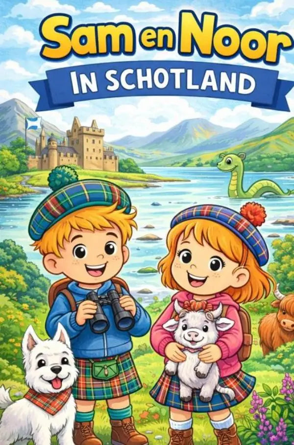 Sam en noor in schotland kinderboek cover met twee kinderen in traditionele scotse kleding en een witte hond, loch ness vriendelijke monster noor helpt