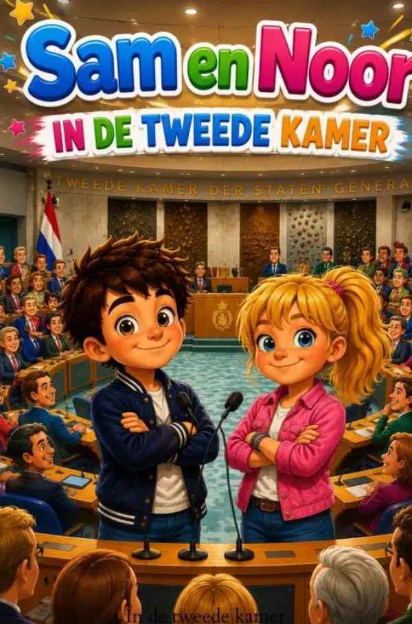 De levendige cartoon-omslag van sam en noor tweede kamer toont twee kinderen op een podium voor jonge lezers