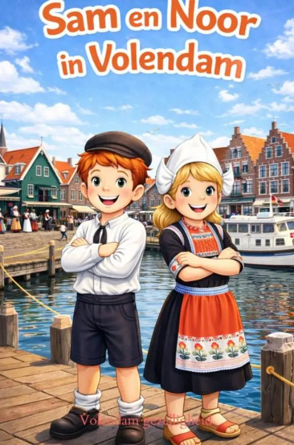 Illustratieve kinderboekencover met sam en noor in traditionele hollandse kleding op een houten steiger volendam gezelligheid jonge lezers