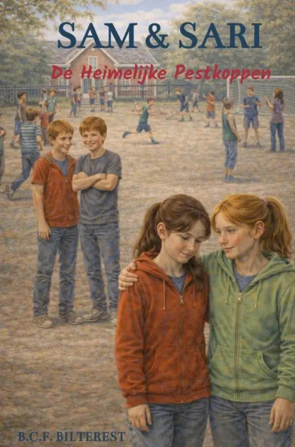 De cover van het kinderboek sam & sari deel 2 met twee meisjes in zip-up hoodies voor jonge lezers over heimelijke pestkoppen