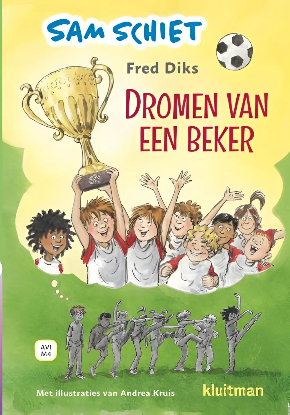 Groep kinderen in witte shirts houden gouden trofee met gegraveerde details omhoog sam schiet lekker lezen fred diks
