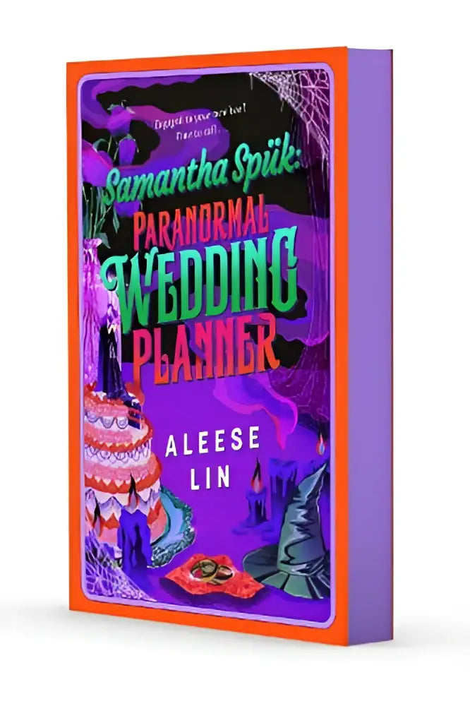 The paranormal wedding planner book samantha spuk features a vibrant purple and orange cover with wedding cake and witch hats