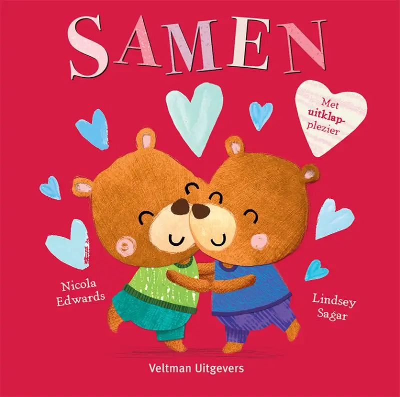 Een kinderboek samen met twee knuffelende beren op een rode achtergrond met hartjes voor jonge lezers