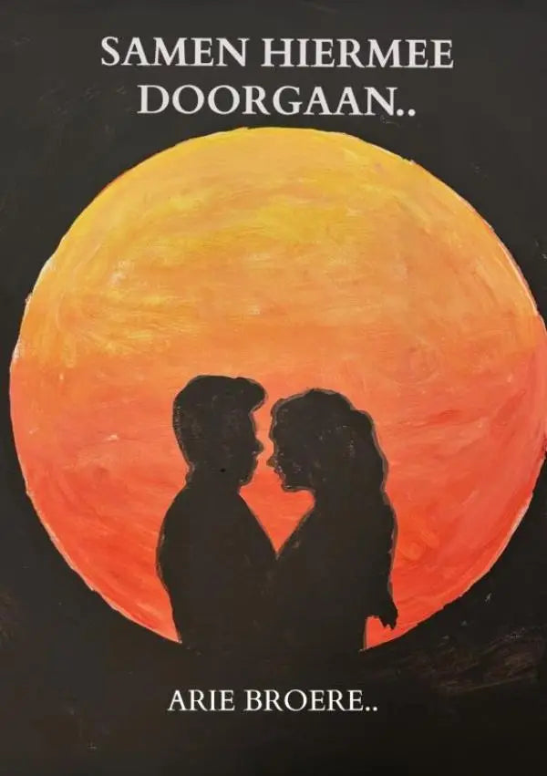 Een levendige oranje en gele zon met silhouetten van een man en vrouw in het product hiermee doorgaan van arie broere