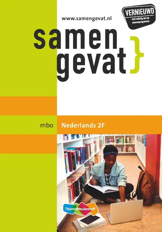 Limegroene en oranje omslag van de mbo niveau 2 samengevat dutse taalcursus met foto van studerende in bibliotheek