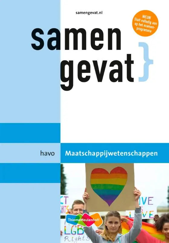 Cover van het havo social sciences leerboek samengevat van thiememeulenhoff met een regenbooghart in een demonstratiescène